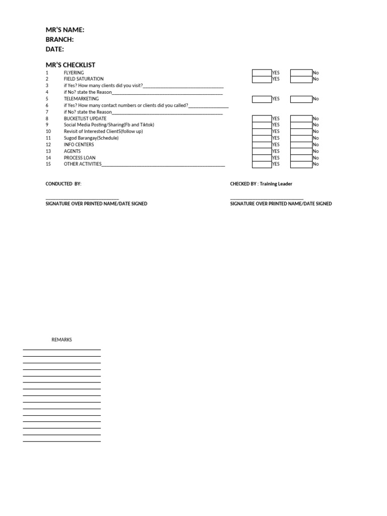 MR's Weekly Activity Checklist | PDF