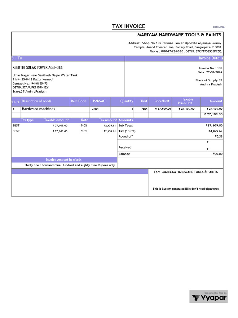 Mariyam Hardware Invoice Summary | PDF | Invoice | Taxation