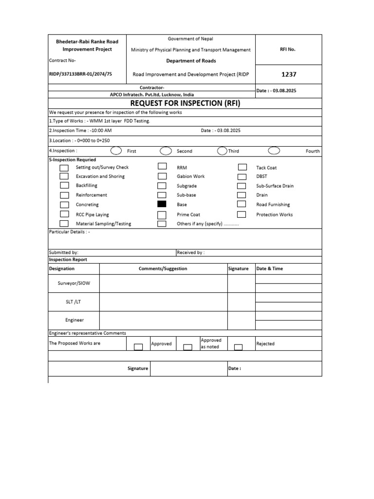 RFI-1237 - WMM 1st Layer FDD Testing (0+000 To 0+250) | PDF