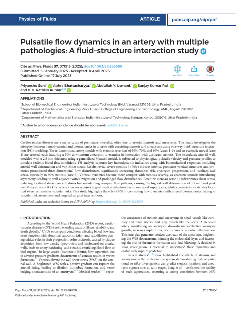 Pulsatile Flow in Arteries with Stenosis and Aneurysms | PDF ...