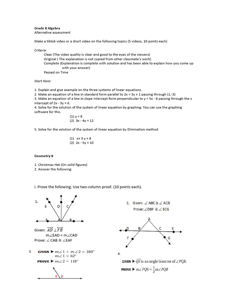 Grade 8 Algebra & Geometry Video Project | PDF
