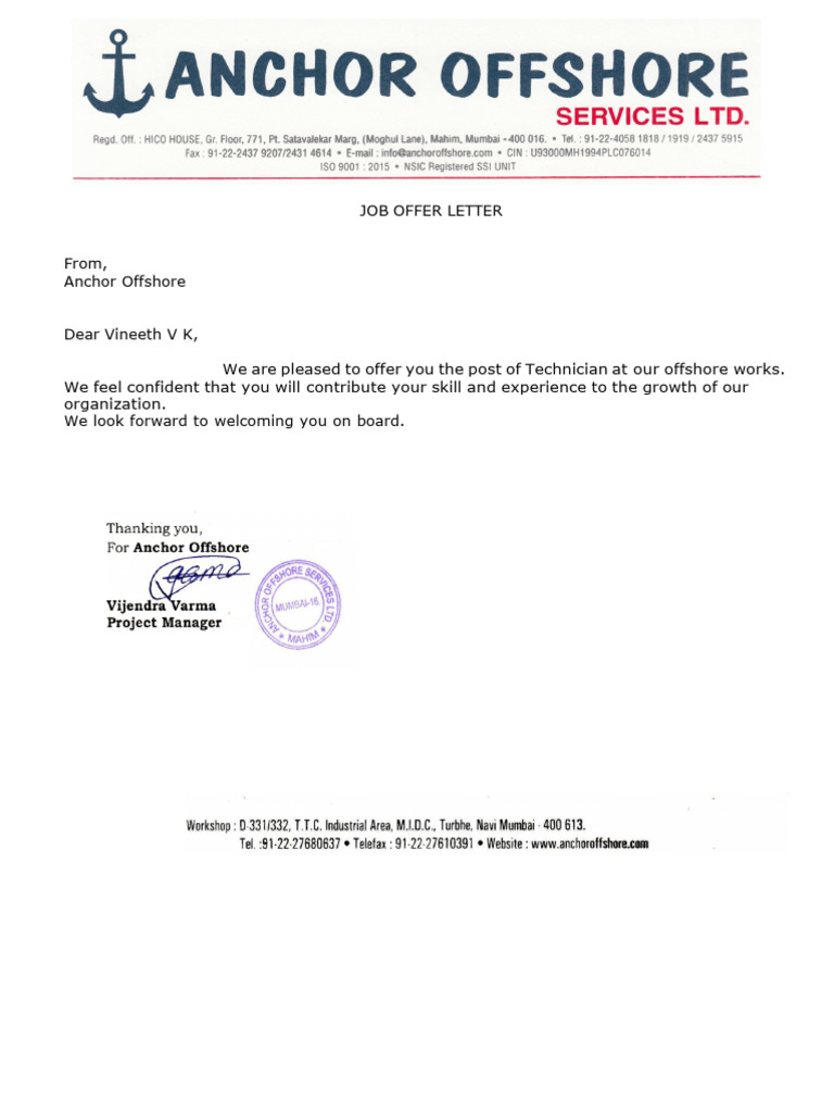 Job Offer for Technician at Anchor Offshore | PDF
