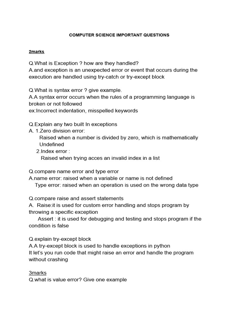 Computer Science Key Questions on Exceptions and File Handling | PDF ...
