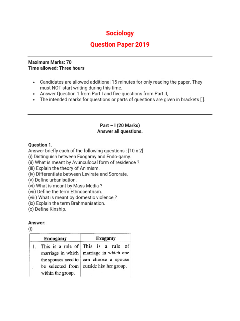 Sociology Question Paper 2019 | PDF | Prejudices | Woman