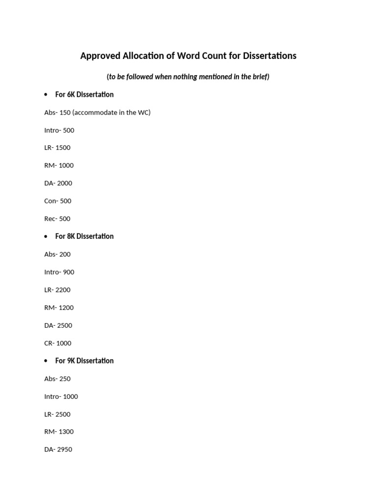 Dissertation Word Count Allocation Guide | PDF
