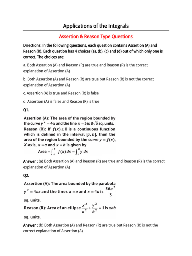 Assertion & Reason Questions on Integrals | PDF