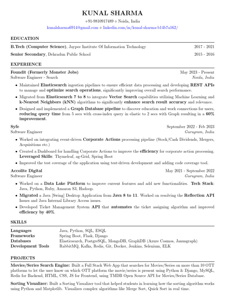 Kunal Sharma: Software Engineer Profile | PDF | Java (Programming ...