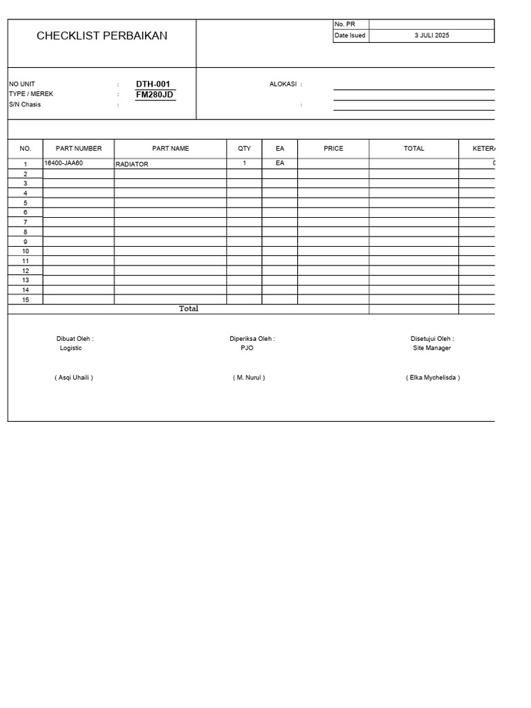 Checklist Perbaikan Radiator DTH-001 | PDF
