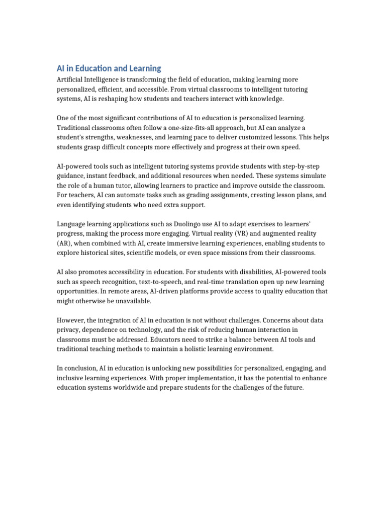 AI Transforming Education and Learning | PDF