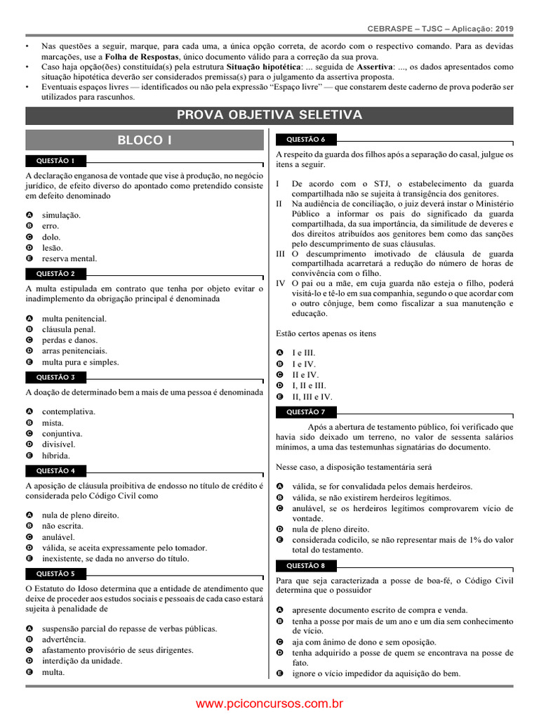 Prova Objetiva TJSC 2019: Questões e Respostas | PDF | Difamação | Crimes
