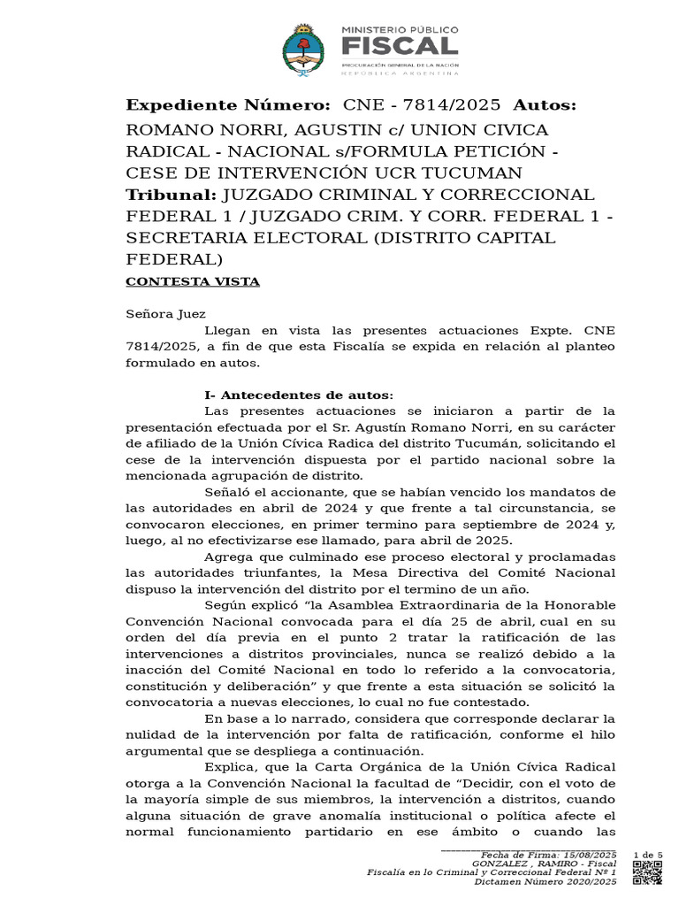 Dictamen Fiscal en CNE 7814-25 | PDF | Caso de ley | Gobierno