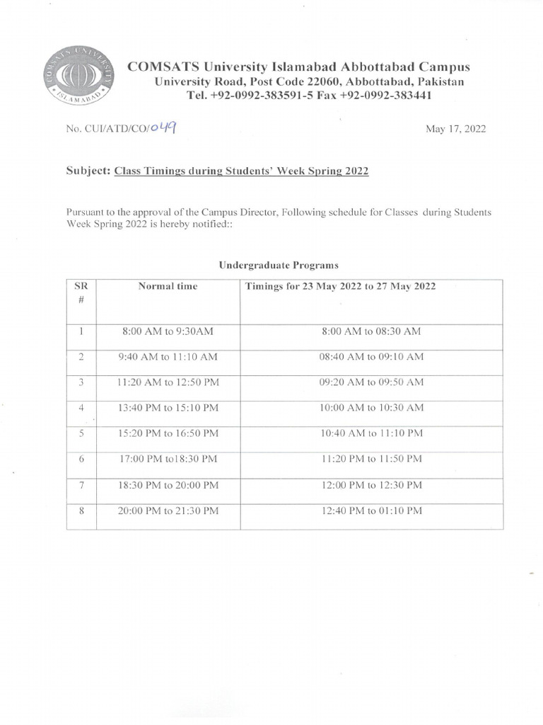 Notification! Class Timings During Students' Week Spring 2022 | PDF