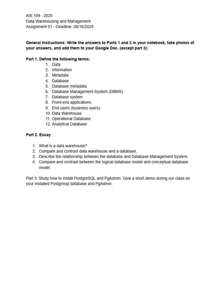 Data Warehousing Assignment Guide 2025 | PDF
