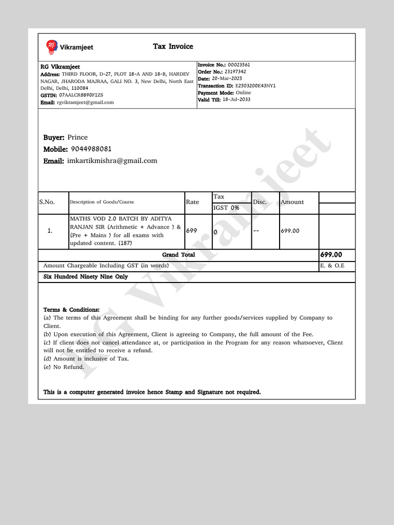 Tax Invoice for Maths VOD Course | PDF