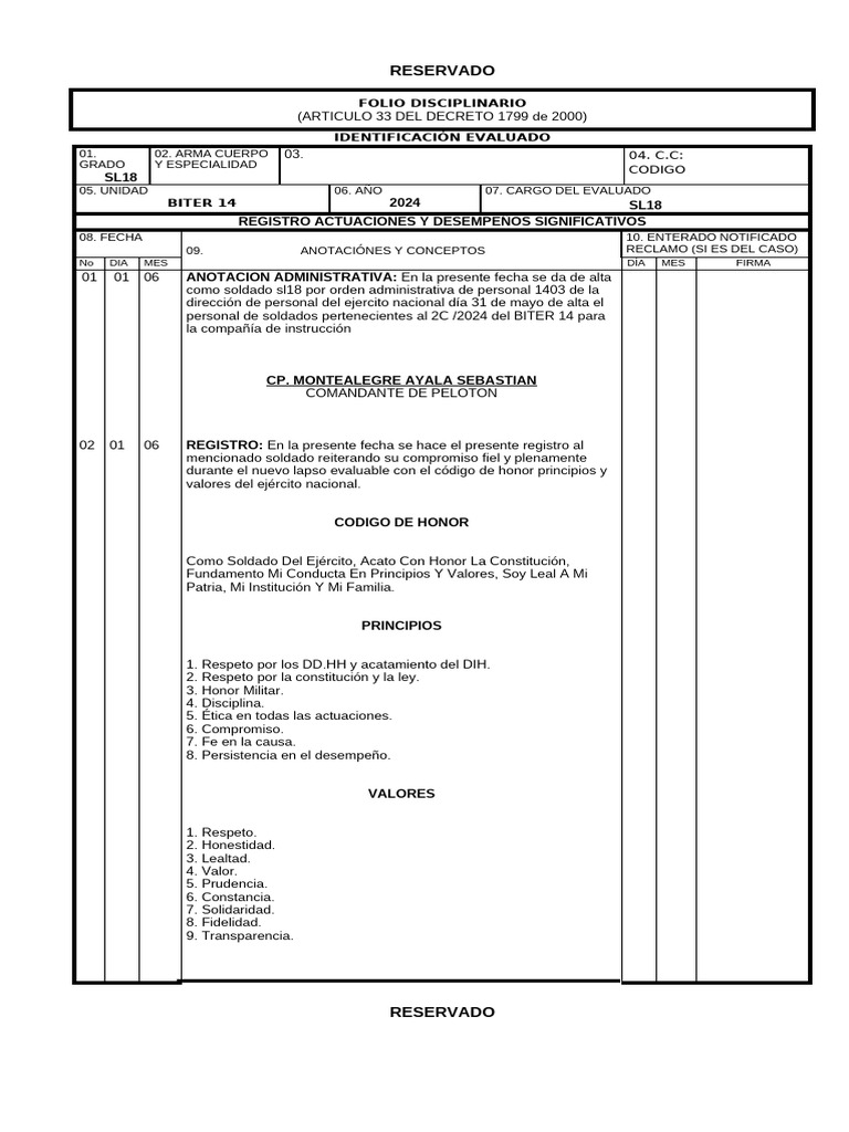 Folio Disciplinario Soldado SL18 2024 | PDF | Soldado