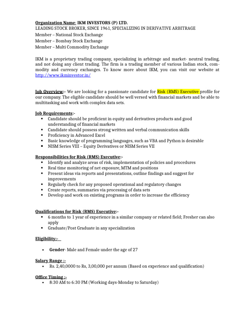 Risk Executive Position at IKM Investors | PDF