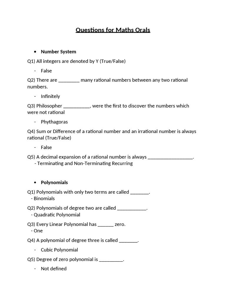 Maths Oral Questions and Answers | PDF