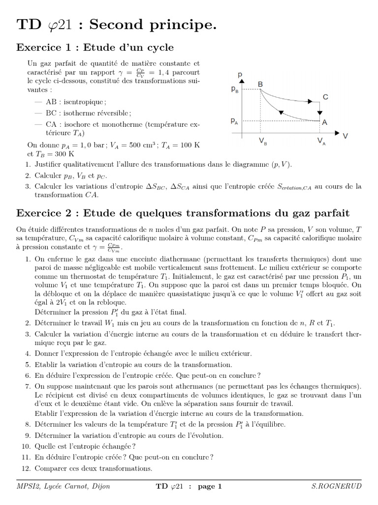 Cycle thermodynamique et transformations de gaz | PDF | Entropie ...