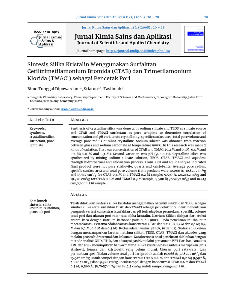 Sintesis Silika Kristalin dengan CTAB dan TMACl | PDF