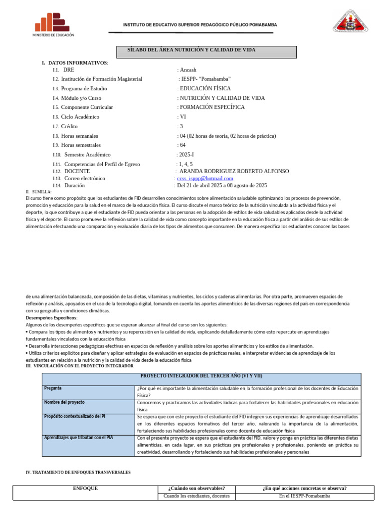 Sílabo de Nutrición y Calidad de Vida | PDF | Evaluación | Aprendizaje