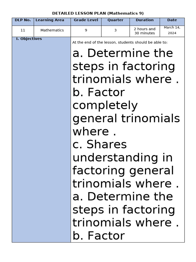 Math 9 Lesson Plan: Proportions & Trinomials | PDF | Triangle | Mathematics