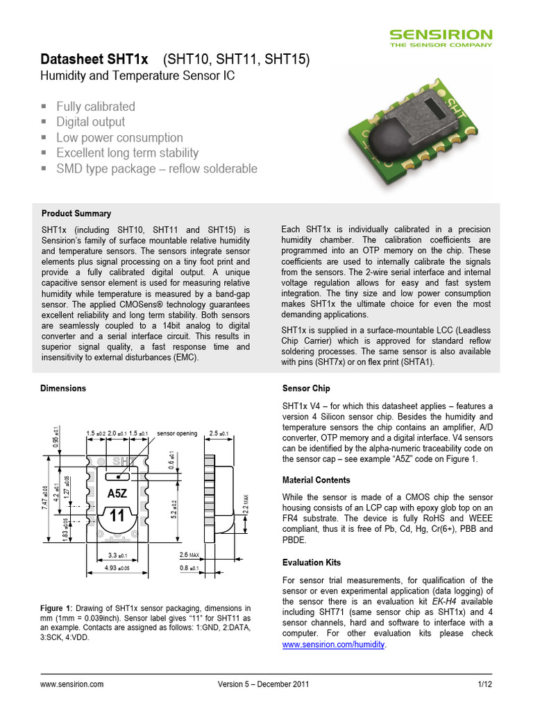 SHT15 Humidity & Temperature Sensor Datasheet | PDF | Integrated ...