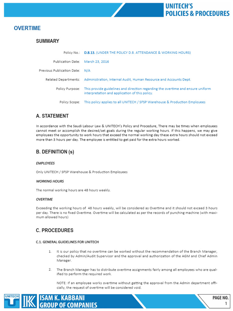 UNITECH Overtime Policy Guidelines | PDF | Overtime | Working Time