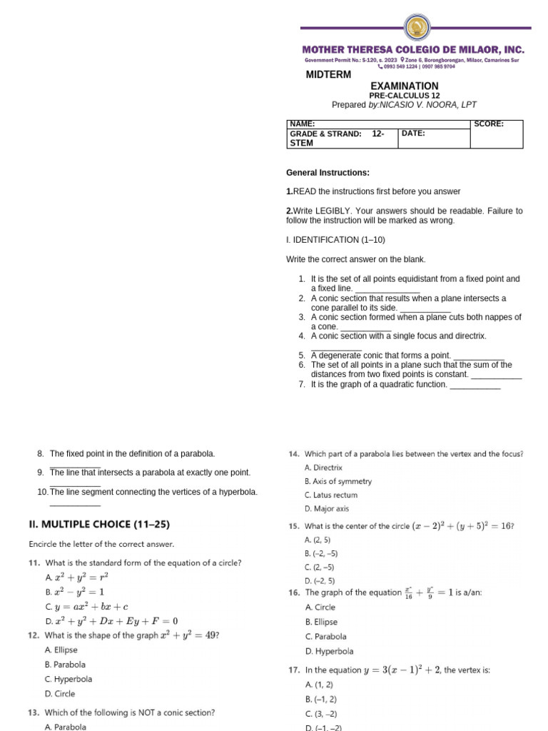 Pre Calculus 11 Stem 1st Monthly Exam 50 Item Test | PDF