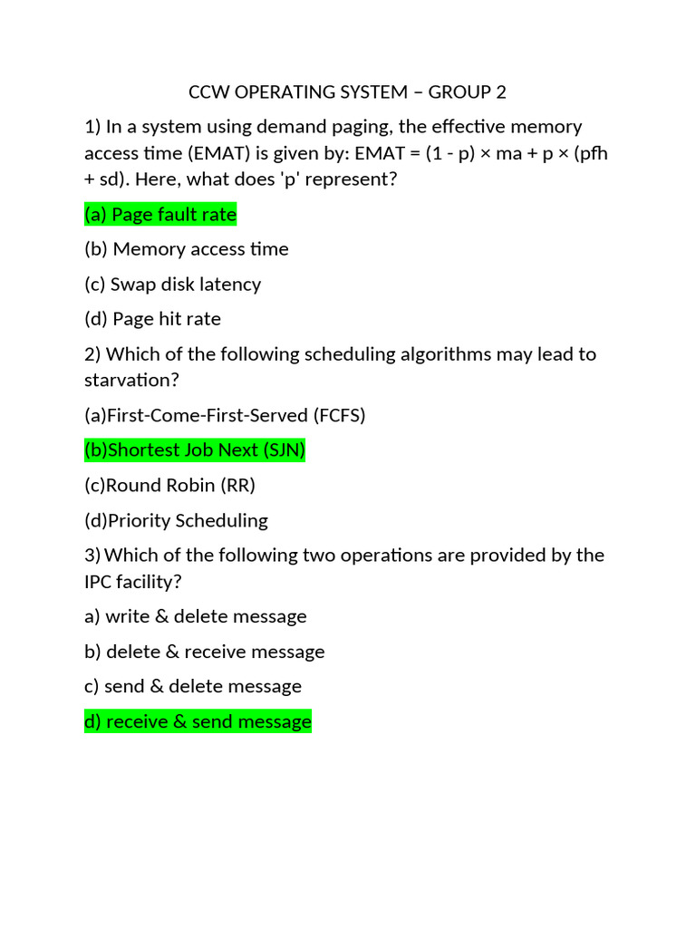 CCW Operating System Quiz Questions | PDF