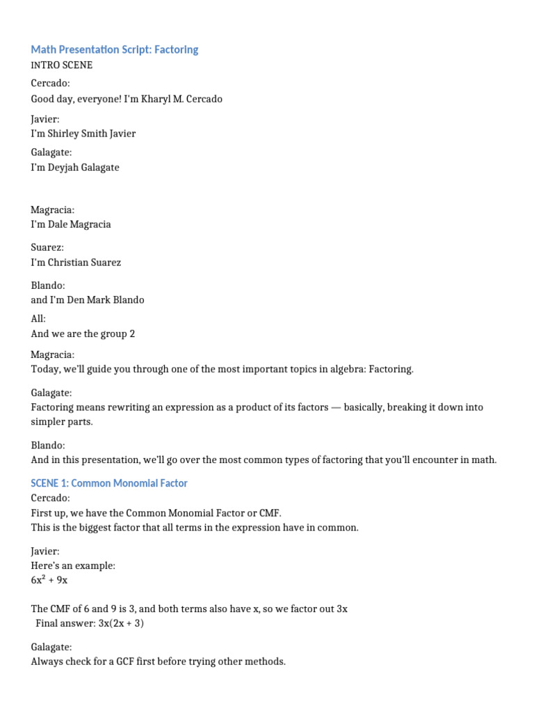 Factoring Vlogging Script | PDF | Polynomial | Factorization