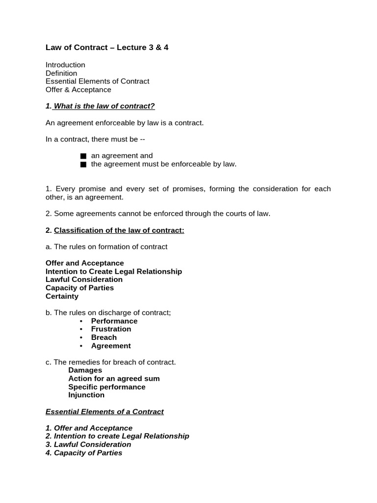 Law of Contract - Lecture 3 & 4 | PDF | Offer And Acceptance | Common Law