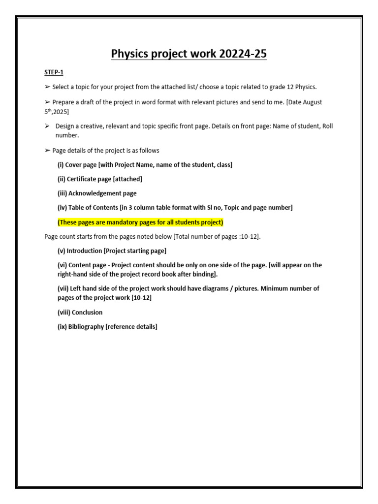 Instructions For Physics Project Work 2025 | PDF