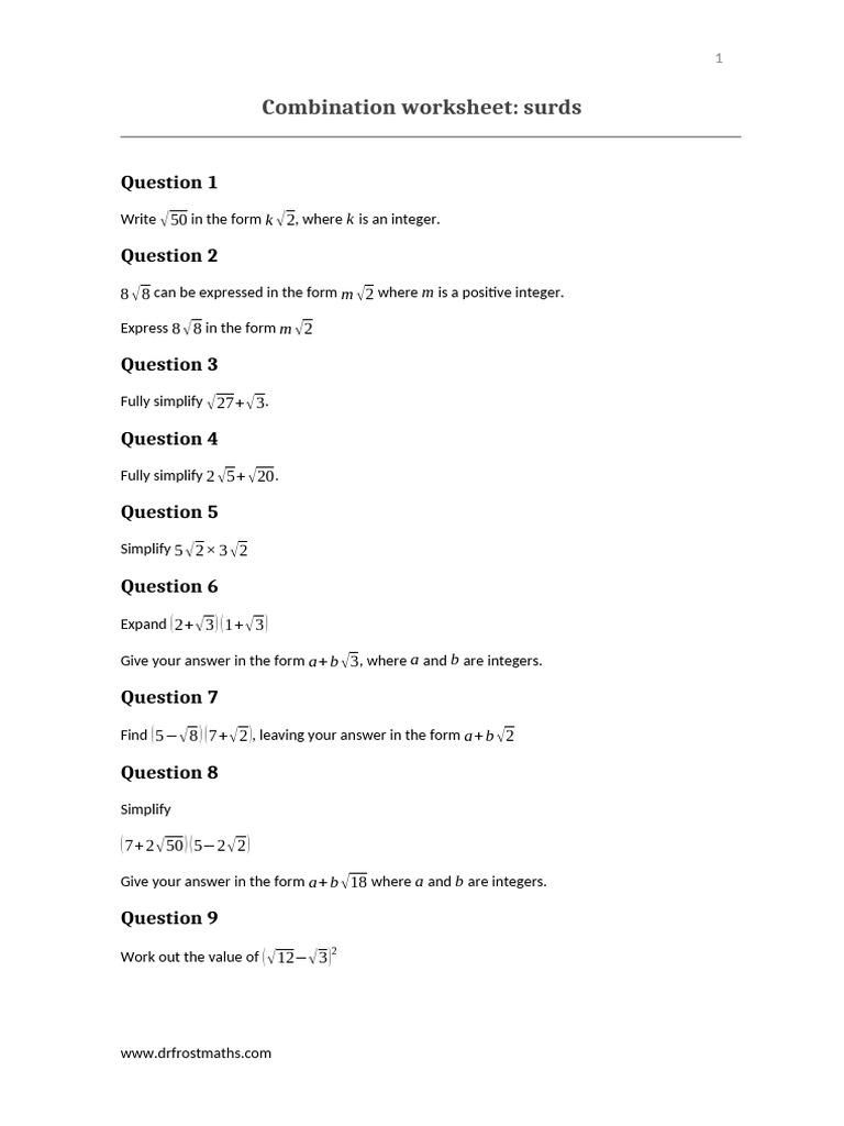 Surds Simplification and Rationalization Worksheet | PDF | Square Root ...