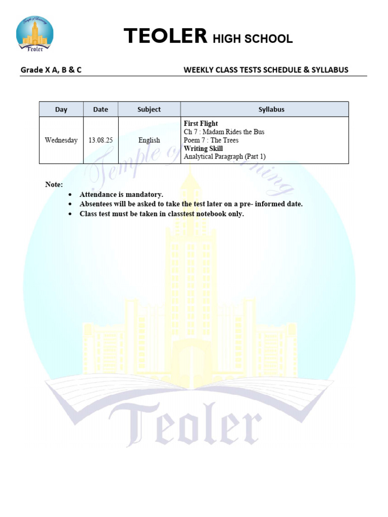 TEOLER High School Grade X Test Schedule | PDF