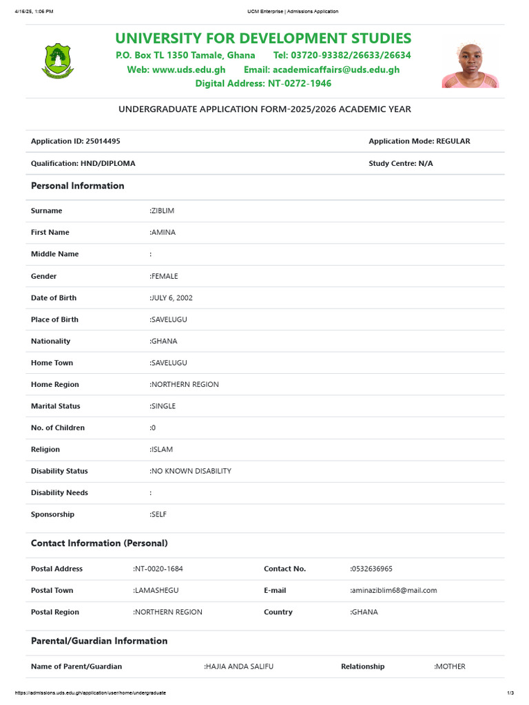 UDS Undergraduate Application Form 2025 | PDF