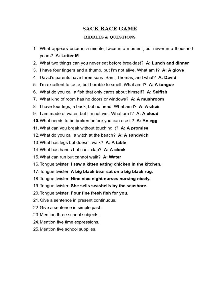 Fun Riddles and Tongue Twisters Game | PDF