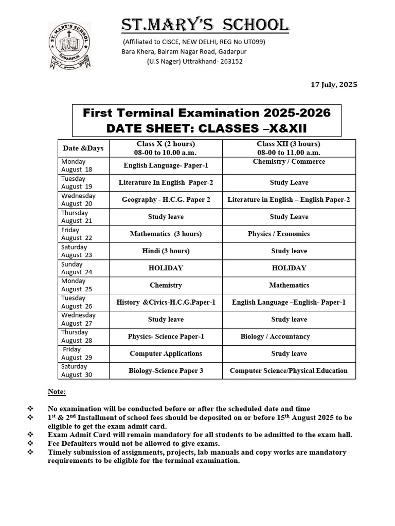 Class X & XII Terminal Exam Date Sheet | PDF