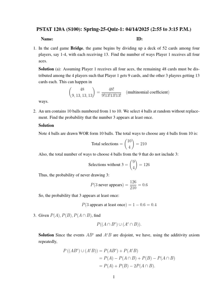 PSTAT 120A Spring 2025 Quiz 1 | PDF | Probability Theory | Probability