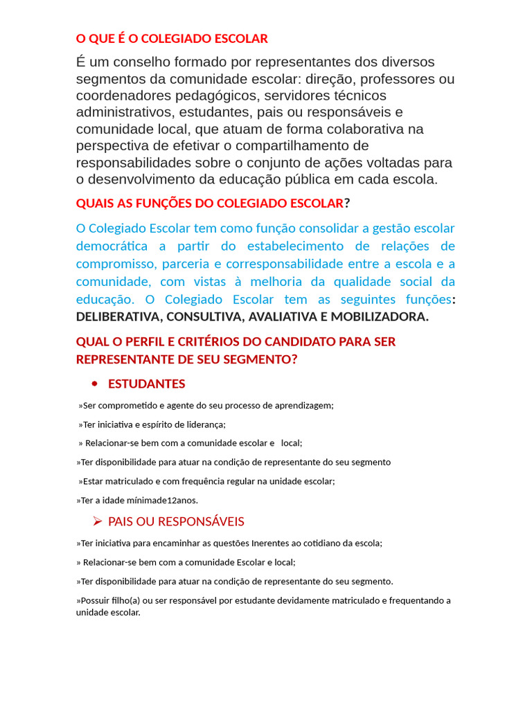 O que é o Colegiado Escolar? | PDF