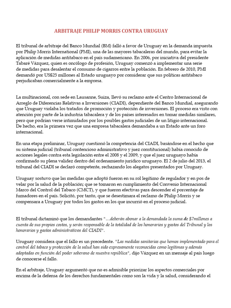 Fallo a favor de Uruguay en arbitraje PMI | PDF