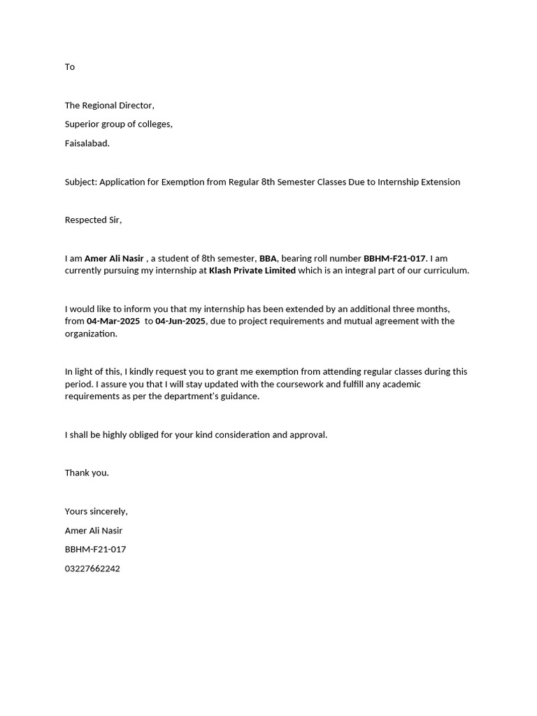 Request for Class Exemption Due to Internship | PDF