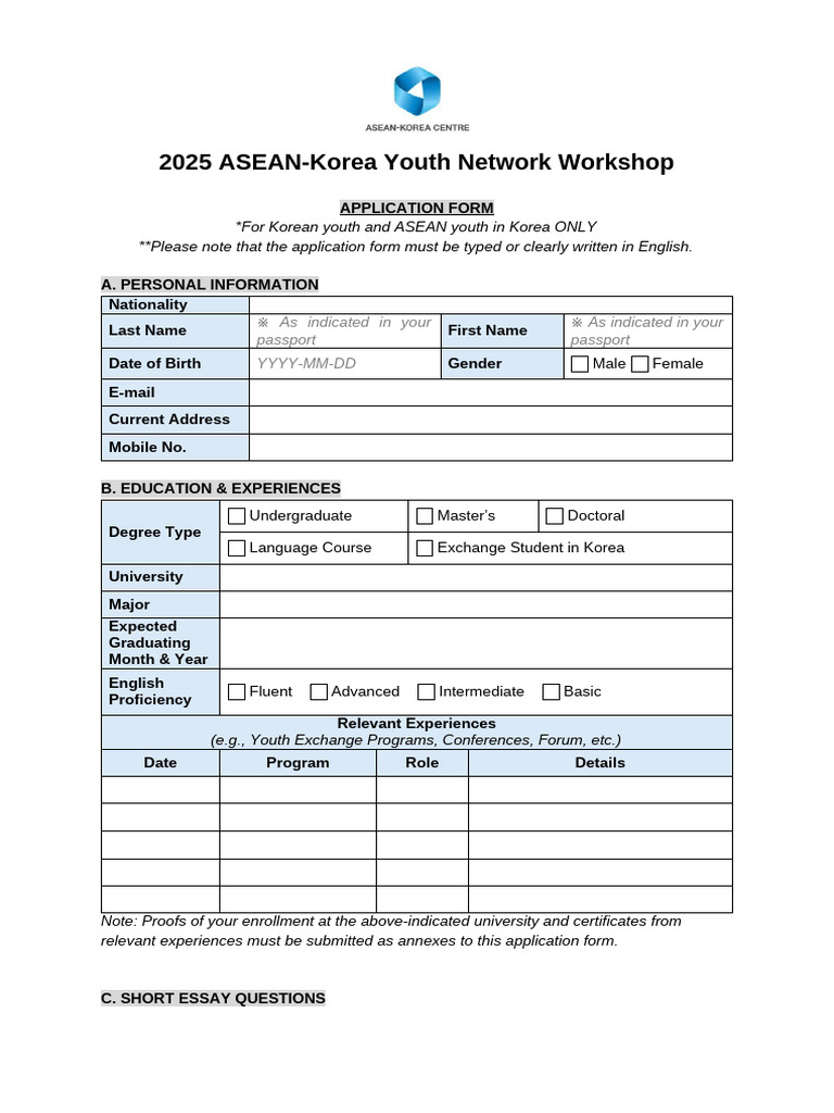 (Application Form - Korean Youth & ASEAN Youth in Korea) 2025 ASEAN ...