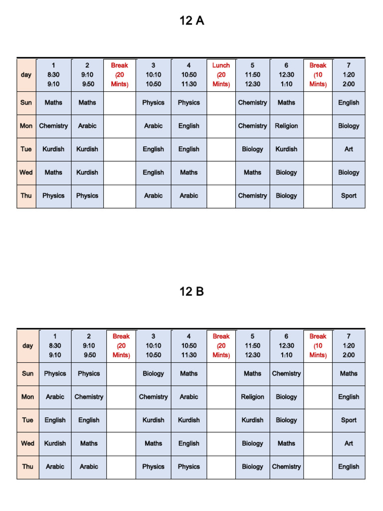 Weekly Class Schedule Overview | PDF