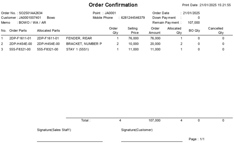 Order Confirmation SO2501AA2634 | PDF