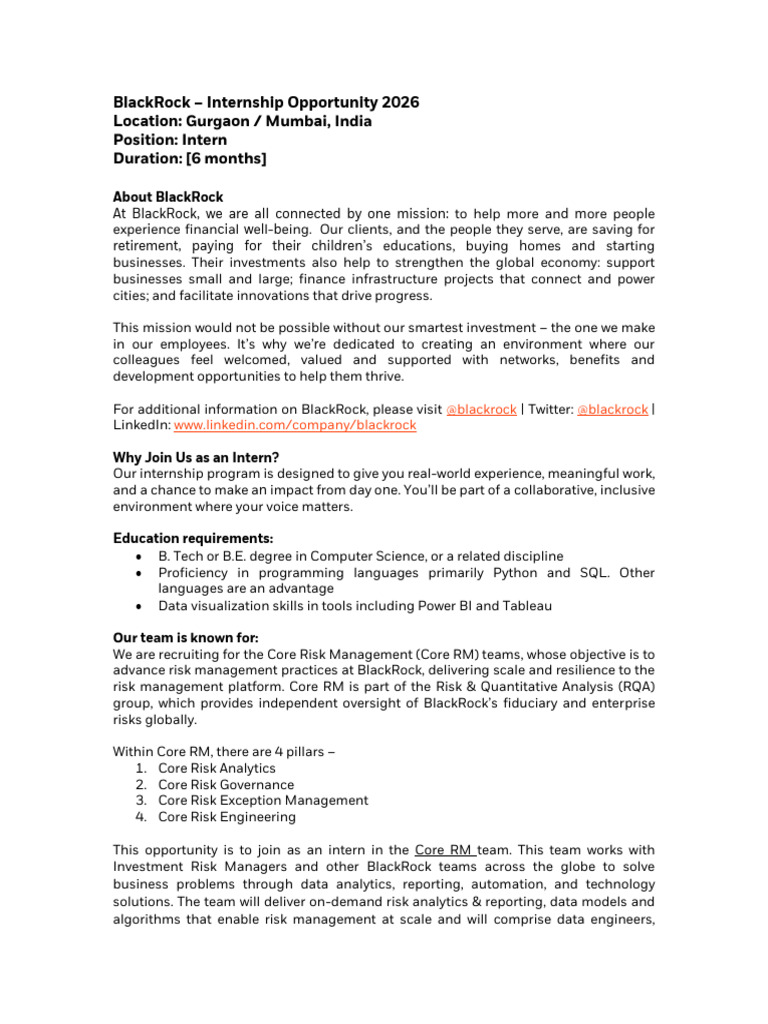 BlackRock 2026 Internship in Risk Management | PDF | Analytics | Risk ...