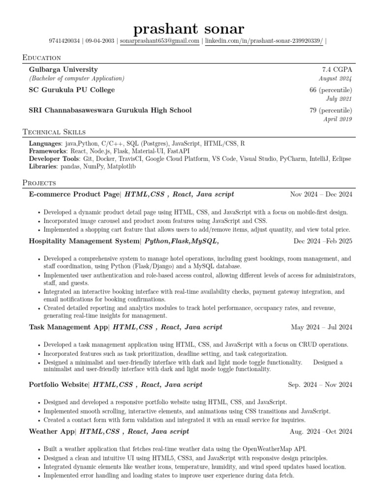 Prashant Sonar's Tech Portfolio Overview | PDF | Java Script | Python ...