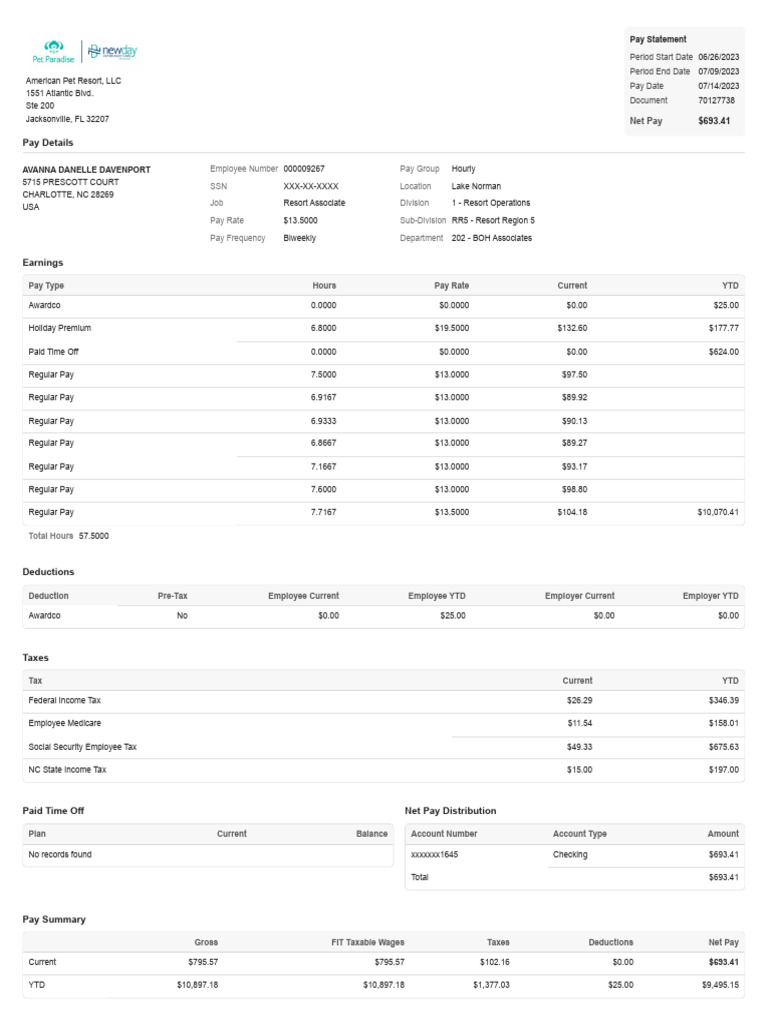 Pay Statement for Avanna Davenport | PDF | Taxes | Tax Deduction