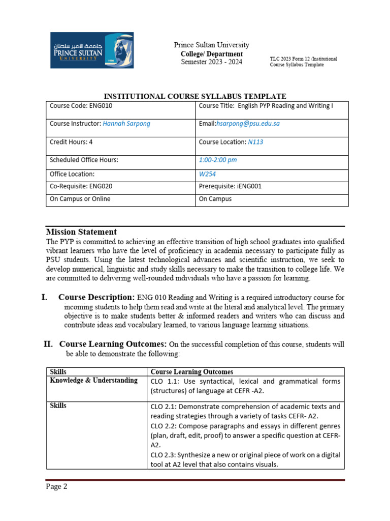 1317 - SEM 231 ENG010 PSU Institutional Course Syllabus 2023-2024 | PDF ...