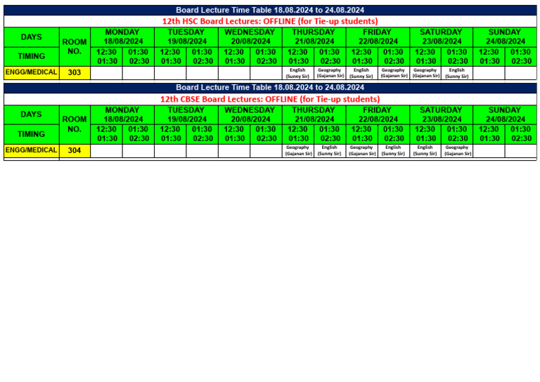 BOARD LECTURE TIME TABLE 18aug 24aug | PDF