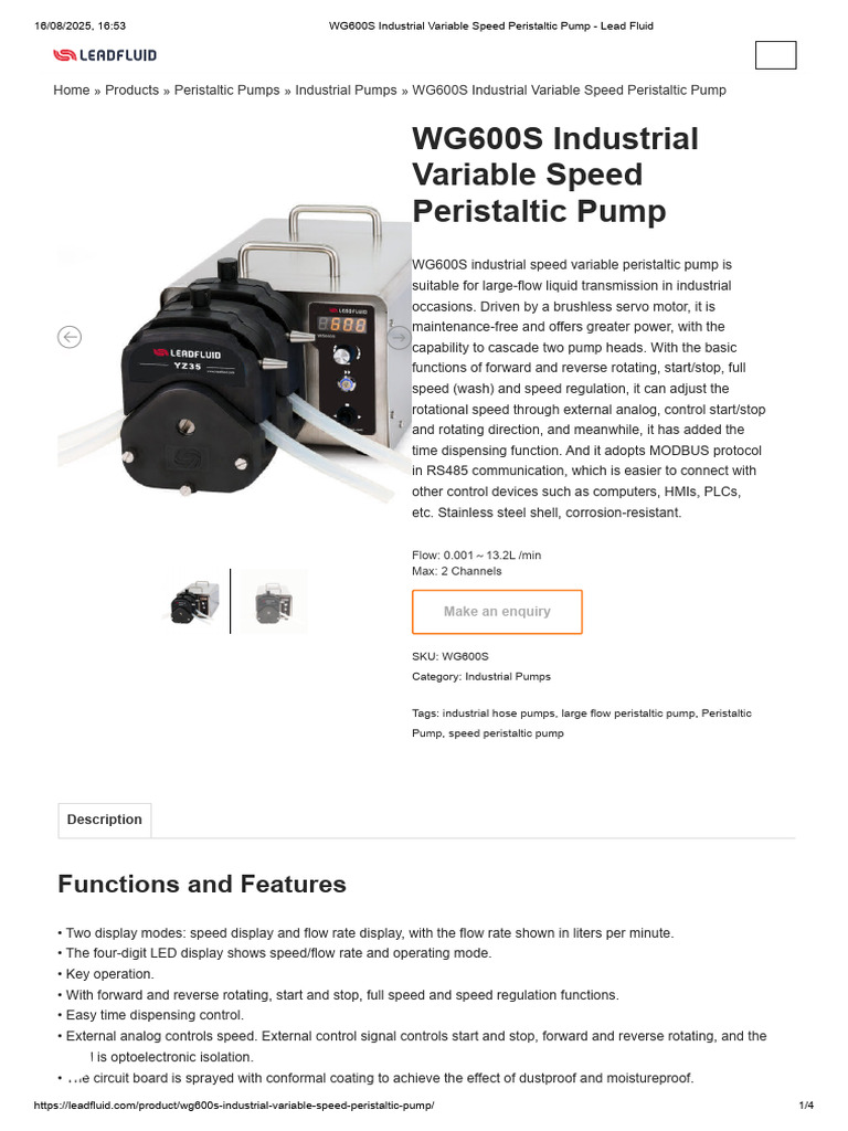WG600S Variable Speed Peristaltic Pump | PDF | Pump | Power Supply